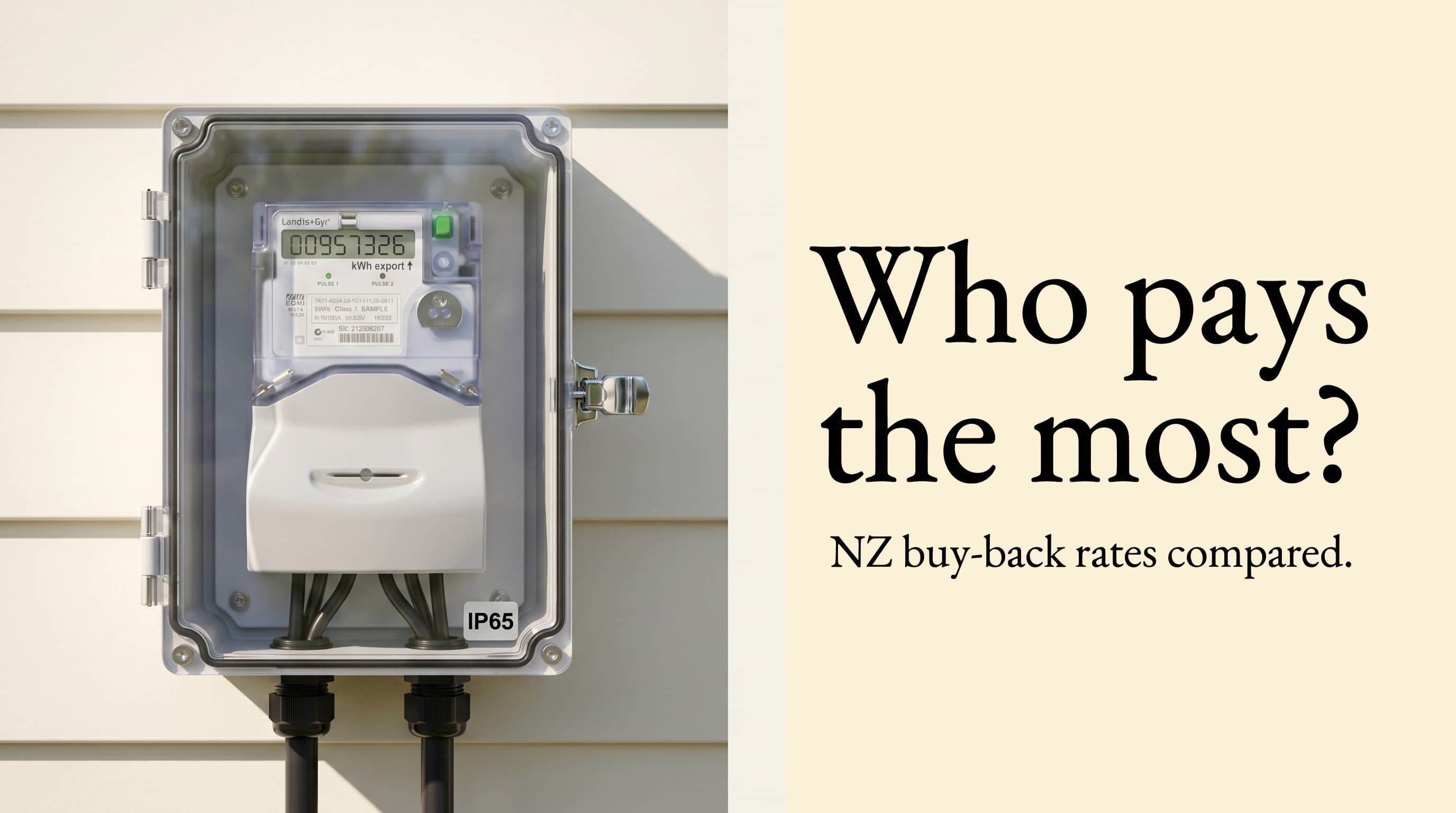 Smart electricity export meter on a New Zealand home showing kWh solar buy-back readings