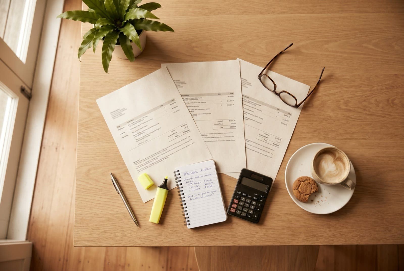 A New Zealand homeowner at a kitchen table comparing three printed solar quote PDFs side by side, with a coffee, a calculator, and a highlighter