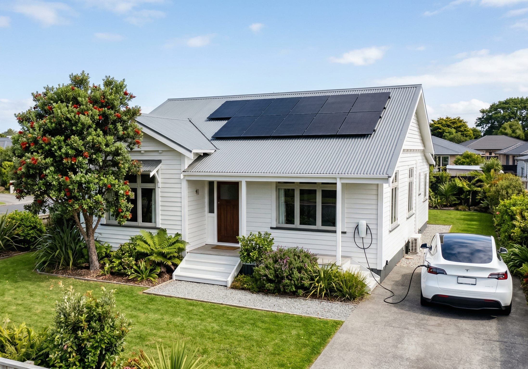 New Zealand home with solar panels and EV charging